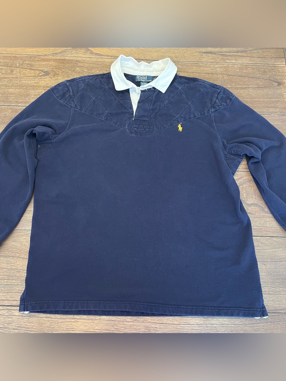 Vintage Polo Ralph Lauren Navy Blue Rugby Polo Long Sleeve Shirt Quilted Mens XL - Picture 5 of 7